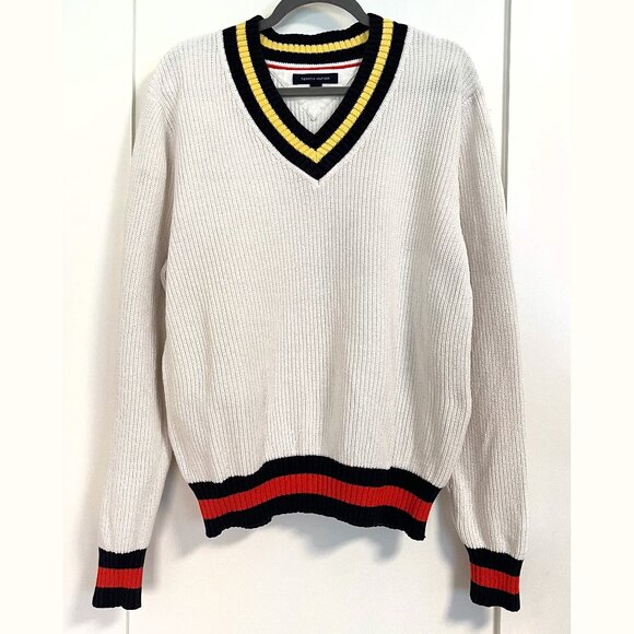Tommy Hilfiger Varsity Stripe V-Neck Cotton Tennis Sweater - Picture 1 of 5